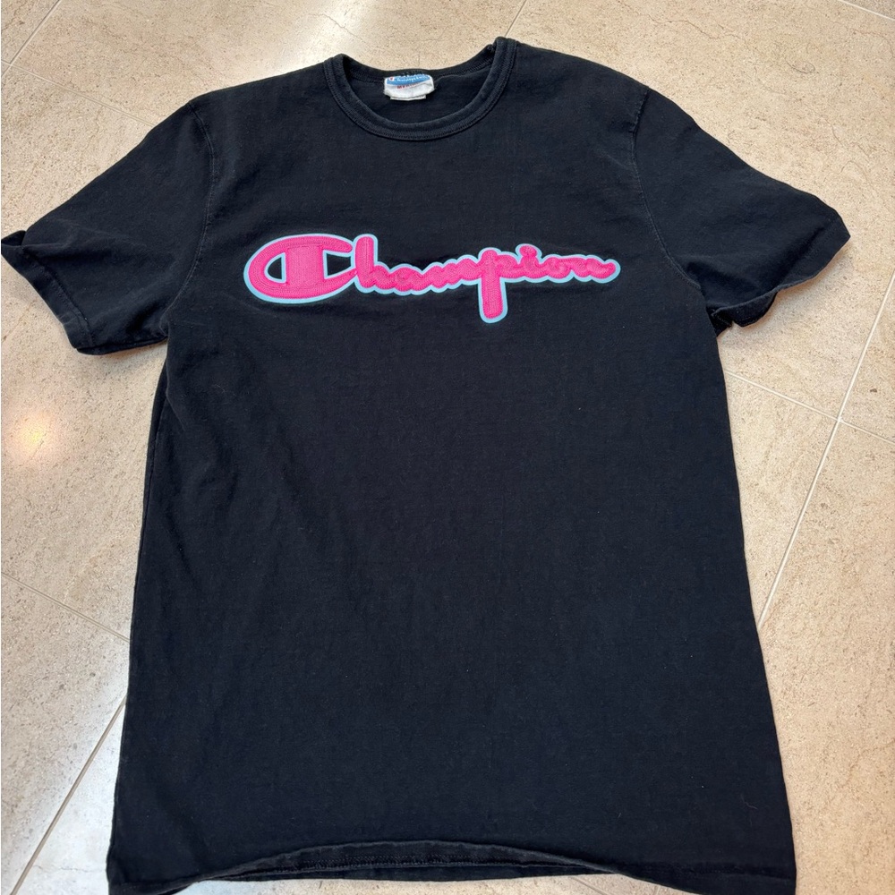 Champion Black Tee with Pink & Blue Embroidered Logo - Size M
